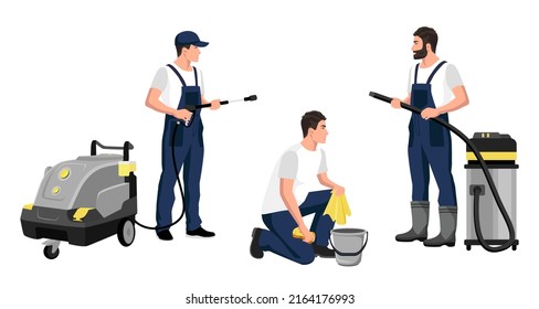 Set, Sammlung isolierte Autowaschanlage Arbeiter mit Waschautomaten, Instrumente. Junge glückliche Männer in Uniform, Auto-Service professionelle Arbeit, Fahrzeugpflege. Waschen, Putz-Autozubehör. Vektorgrafik