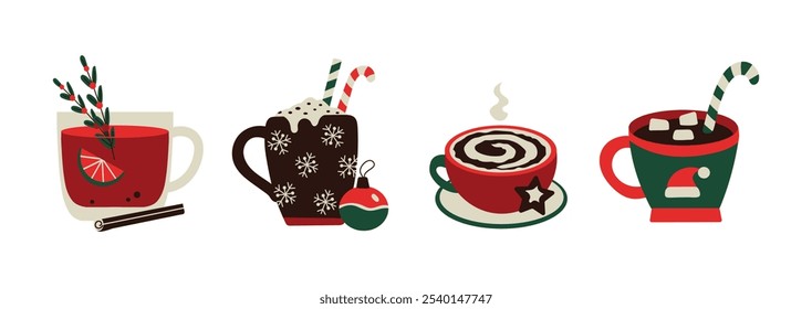 Set collection of isolated christmas new year cups with coffee, tea, mulled wine