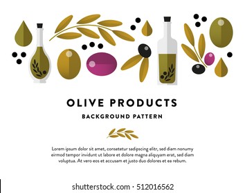 Set  collection isolated flat vector olives   olive oil bottles and gradient  Background pattern