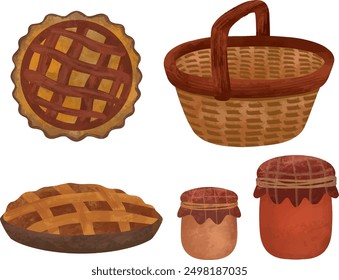 set collection of item object for autumn season, picnic basket, apple pie, jar of berry jam vector illustration on white