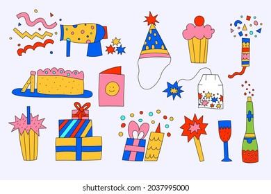 set collection of items for the holiday - cake, hat, fireworks, cards, gifts, confetti.Birthday party and christmas party stickers.Doodle childish vibrant style.Elements for social media stories