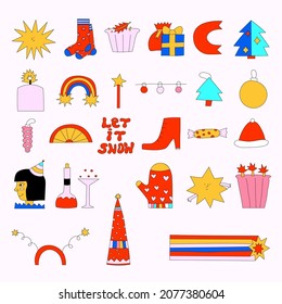 set collection of items for the holiday - cake, hat, fireworks, cards, gifts, confetti.Birthday party and christmas party stickers.Doodle childish vibrant style.Elements for social media stories