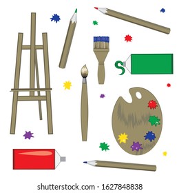A set or collection of items isolated on a white background for the artist. A vector stock illustration with polyester, easel, brush, pencil, tube of paint as a logo for design.