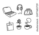 set collection of items on the office desk in doodle hand drawn style