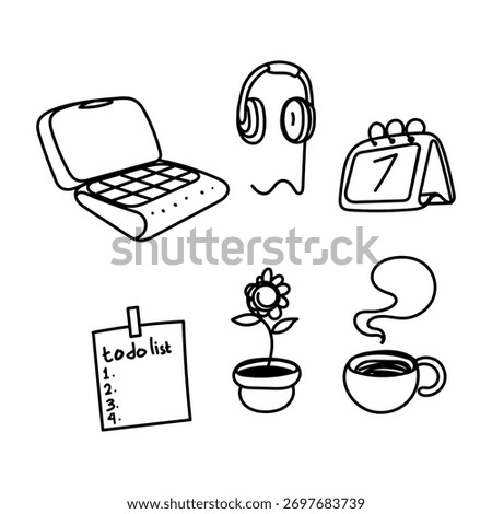 set collection of items on the office desk in doodle hand drawn style