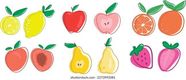 A set from the collection of juicy fruits drawn by hand. Vector flat illustration of lemon, orange, peach, pear, apple,strawberry. Isolated on a white background.