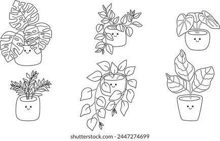 Set collection with kawaii flowers, plants in pots. Simple coloring book for children Contour, silhouette of indoor, domestic plants with eyes. Funny cute vector illustration.