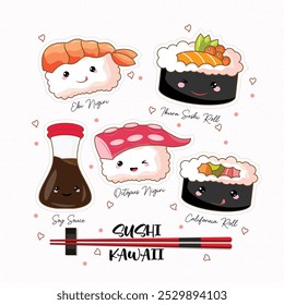 Uma coleção de adesivos de sushi kawaii. Adesivos com caracteres alimentares japoneses. Personagem de desenho animado.