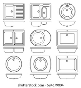 Set, collection kitchen and bathroom sinks. Transparent outline icons. Round, square, rectangular and other different, various, shapes. Vector isolated drawing. Illustrations, graphic objects. 
