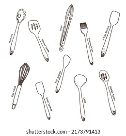 Set of or collection of kitchen utencils , cooking tools and equipment, outline cookware drawing in vector