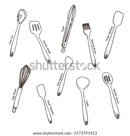 Set of or collection of kitchen utencils , cooking tools and equipment, outline cookware drawing in vector
