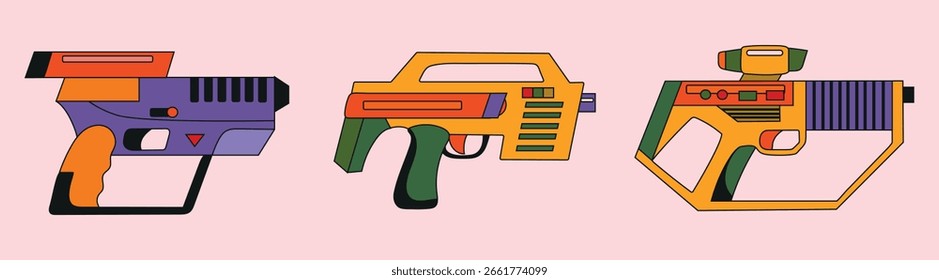 Conjunto de coleção de arma laser blaster arma futura em cores brilhantes ícone clipart avatar logotipo ilustração isolada