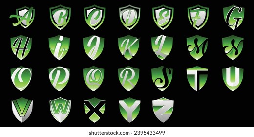 Set collection letter A to Z Shield logo design, Vector Shield icon. Heraldic shields, security on black background