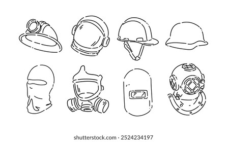 Definir o desenho da linha de coleção do capacete e da máscara. Mineiro, astronauta, segurança, exército, balaclava, máscara de gás, soldagem e capacete de mergulho velho. Ilustração vetorial.