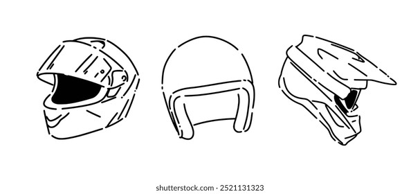 Set collection line drawing of motorcycle helmet. Full face, open face, and motocross quad bike helmet. Vector graphic illustration.