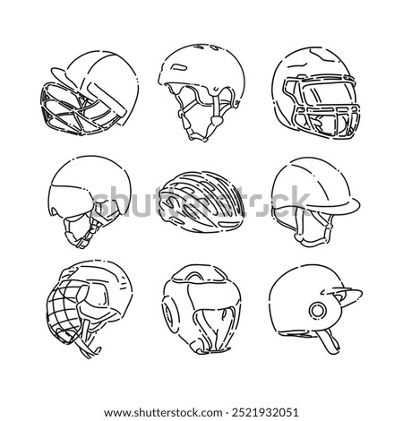 Set collection line drawing of sports helmet. Cricket, skate, american football, ski, bike, jockey, ice hockey, headguard. baseball helmet. Vector graphic illustration.