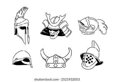 Definir desenho de linha de coleção de capacete medieval vintage. Spartan, samurai kabuto, cavaleiro, viking, capacete de gladiador. Ilustração gráfica vetorial.