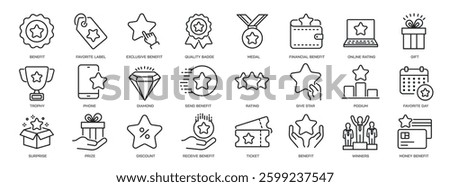 Set of collection line icons benefit, incentive, prize, employee. Perfect pixel on transparent background