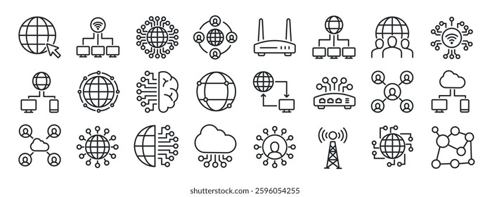 Set of collection line icons related networking, connection, information technology. Perfect pixel on transparent background