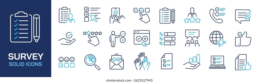 Set of collection line icons related survey, opinion, questionnaire. Perfect pixel on transparent background