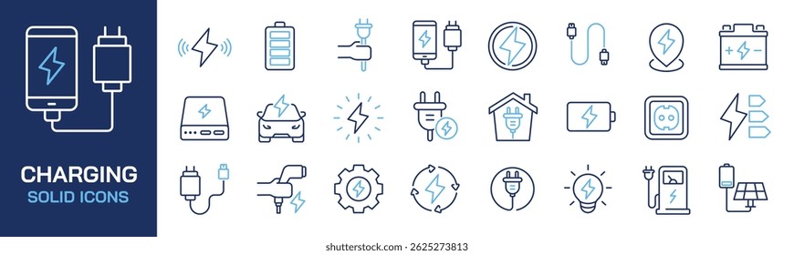 Set of collection line icons related charging, energy, power, electric, battery. Perfect pixel on transparent background