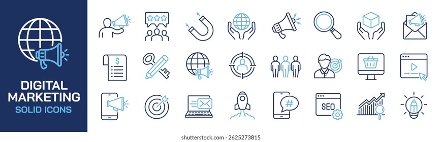 Set of collection line icons related digital marketing, promotion, advertising. Perfect pixel on transparent background