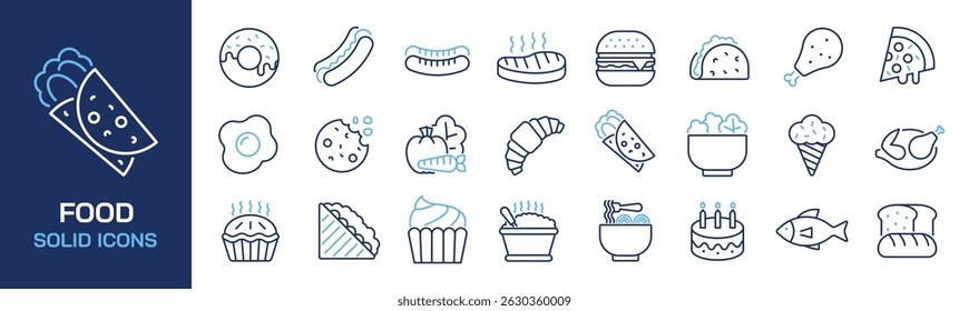 Conjunto de ícones de linha de coleta relacionados a alimentos, refeições, junk food. Pixel perfeito no fundo transparente