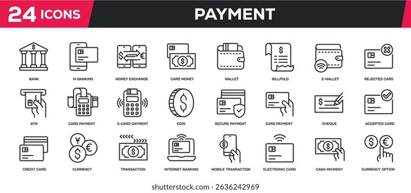 Set of collection line icons related payment, finance, money, currency. Perfect pixel on transparent background
