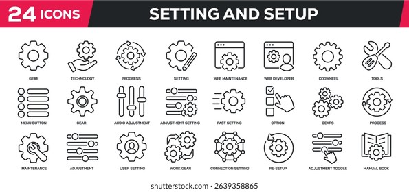 Set of collection line icons related setting, configuration, repair, setup. Perfect pixel on transparent background