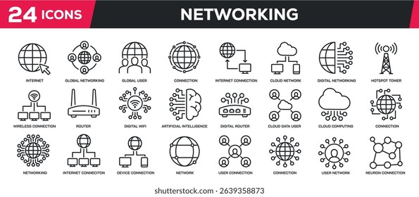 Set of collection line icons related networking, connection, information technology. Perfect pixel on transparent background