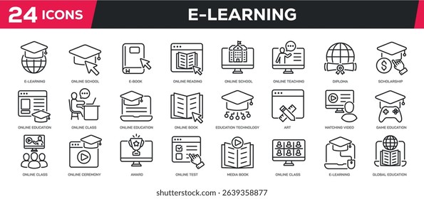 Set of collection line icons related e-learning, ebook, online class. Perfect pixel on transparent background