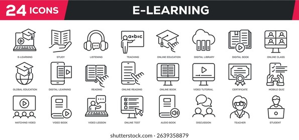 Set of collection line icons related e-learning, ebook, online class. Perfect pixel on transparent background