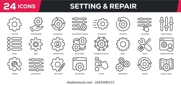 Set of collection line icons related setting, configuration, repair, setup. Perfect pixel on transparent background - Powered by Shutterstock - Get 15% off with code: PIKWIZARD15