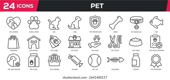 Set of collection line icons related pet, animal, dog, cat. Perfect pixel on transparent background