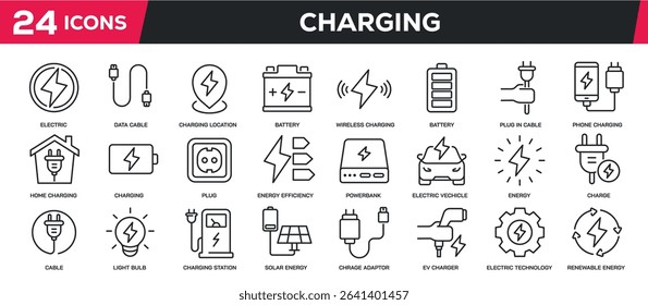 Set of collection line icons related charging, energy, power, electric, battery. Perfect pixel on transparent background