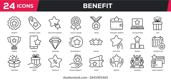 Set of collection line icons related benefit, bonus, reward, intensive. Perfect pixel on transparent background