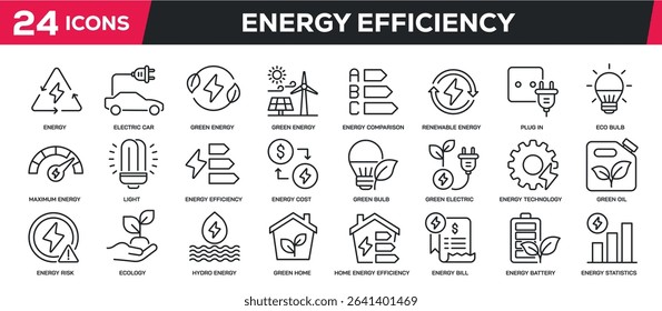 Set of collection line icons related efficiency energy, electricity, renewable energy. Perfect pixel on transparent background
