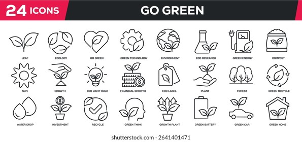 Set of collection line icons related green ecology, environment, green earth. Perfect pixel on transparent background