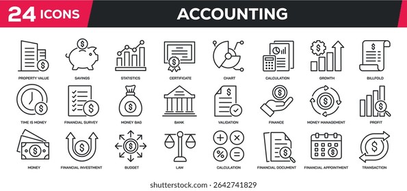 Set of collection line icons related accounting, banking, finance. Perfect pixel on transparent background