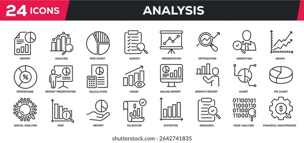 Set of collection line icons related analysis, report, analytic. Perfect pixel on transparent background