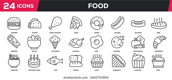 Set of collection line icons related food, meal, junk food. Perfect pixel on transparent background