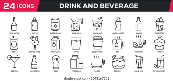 Set of collection line icons related drink, beverage. Perfect pixel on transparent background