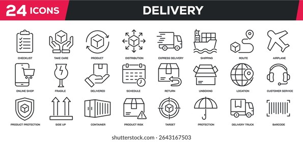 Set of collection line icons related delivery, logistic, cargo, warehouse. Perfect pixel on transparent background