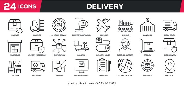 Set of collection line icons related delivery, logistic, cargo, warehouse. Perfect pixel on transparent background