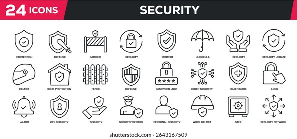 Set of collection line icons related protection, safety, defense, security. Perfect pixel on transparent background