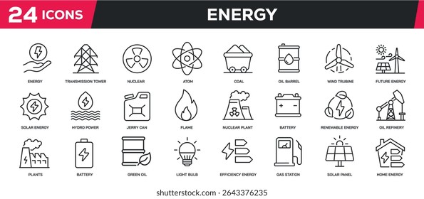 Set of collection line icons related energy, power, electric, fossil, renewable energy. Perfect pixel on transparent background