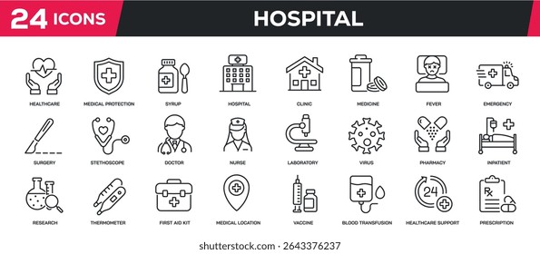 Conjunto de ícones de linha de coleta relacionados ao hospital, médico, assistência médica. Pixel perfeito no fundo transparente