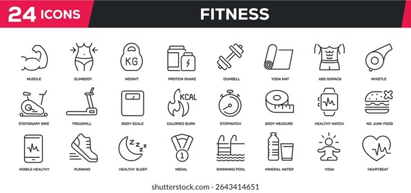 Set of collection line icons related fitness, gym, diet, exercise. Perfect pixel on transparent background