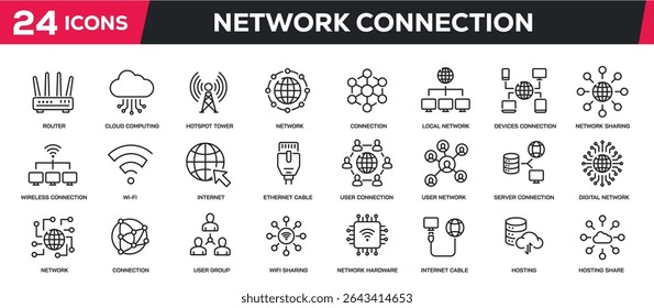 Set of collection line icons related enetwork, connection, information technology. Perfect pixel on transparent background