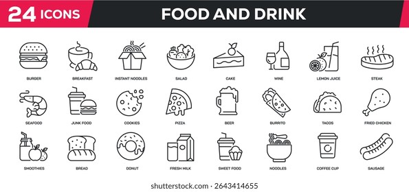 Set of collection line icons related food, drink, beverage. Perfect pixel on transparent background